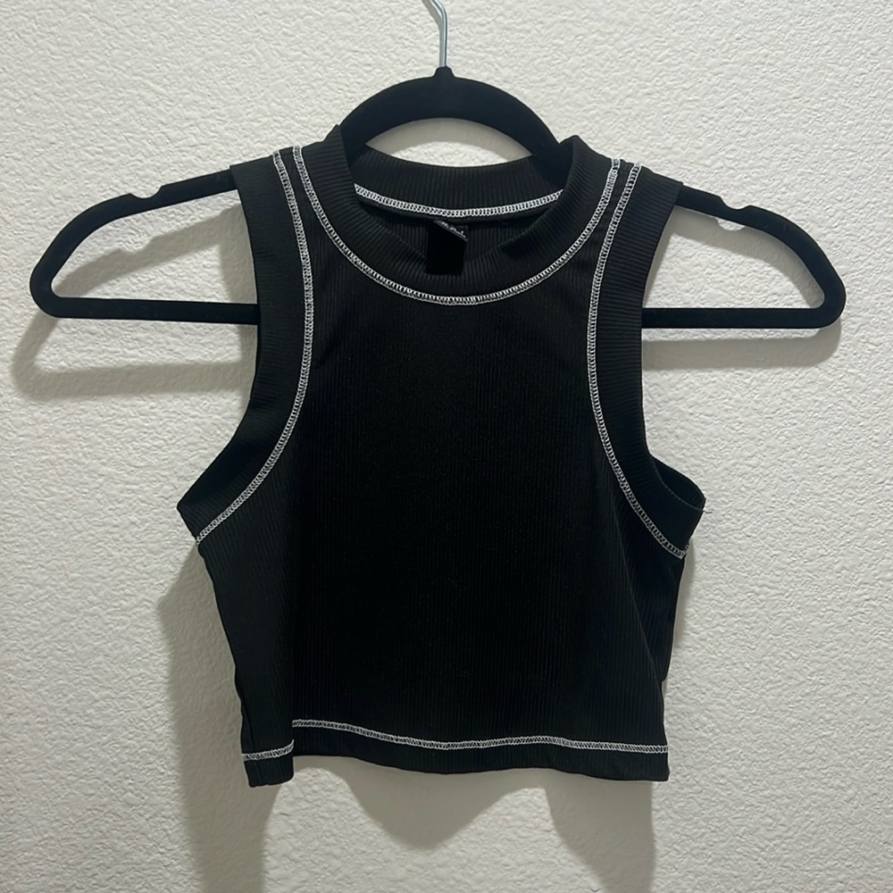 Black Ribbed High Neck Tank Top